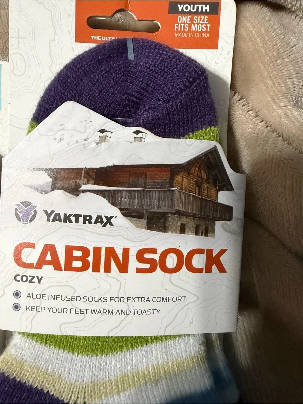 Yaktrax Kids Cabin Socks - Navy Green Pattern & Multicolor Stripes